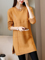 Button Decor Side Slit Crew Neck Knitted Sweater