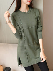 Button Decor Side Slit Crew Neck Knitted Sweater