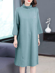 Pleated Turtle Neck 3/4 Sleeve Knitted Midi Dress