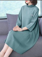 Pleated Turtle Neck 3/4 Sleeve Knitted Midi Dress