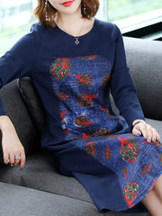 Blue Abstract Paneled Crew Neck Knitted Midi Dress