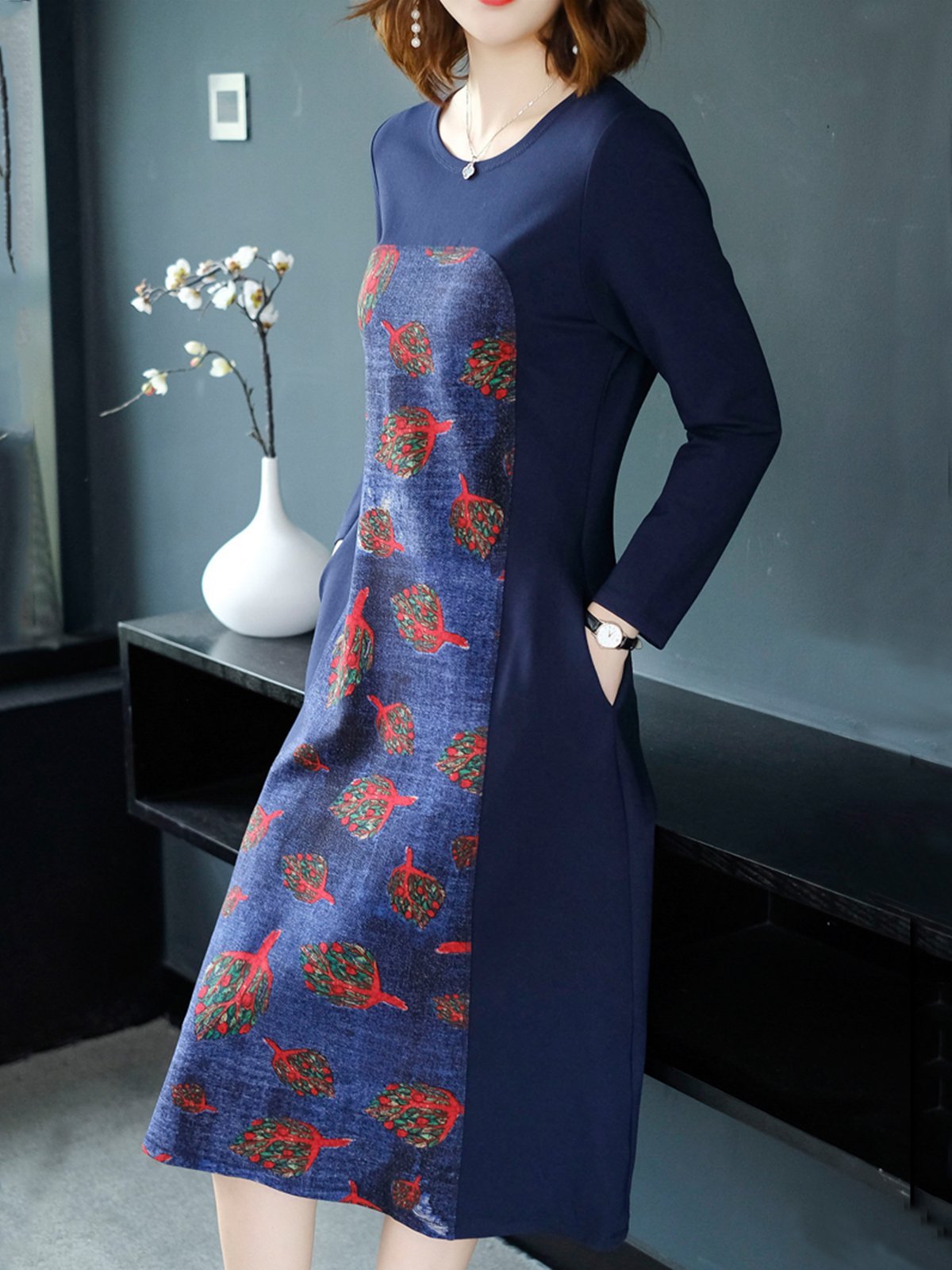 Blue Abstract Paneled Crew Neck Knitted Midi Dress