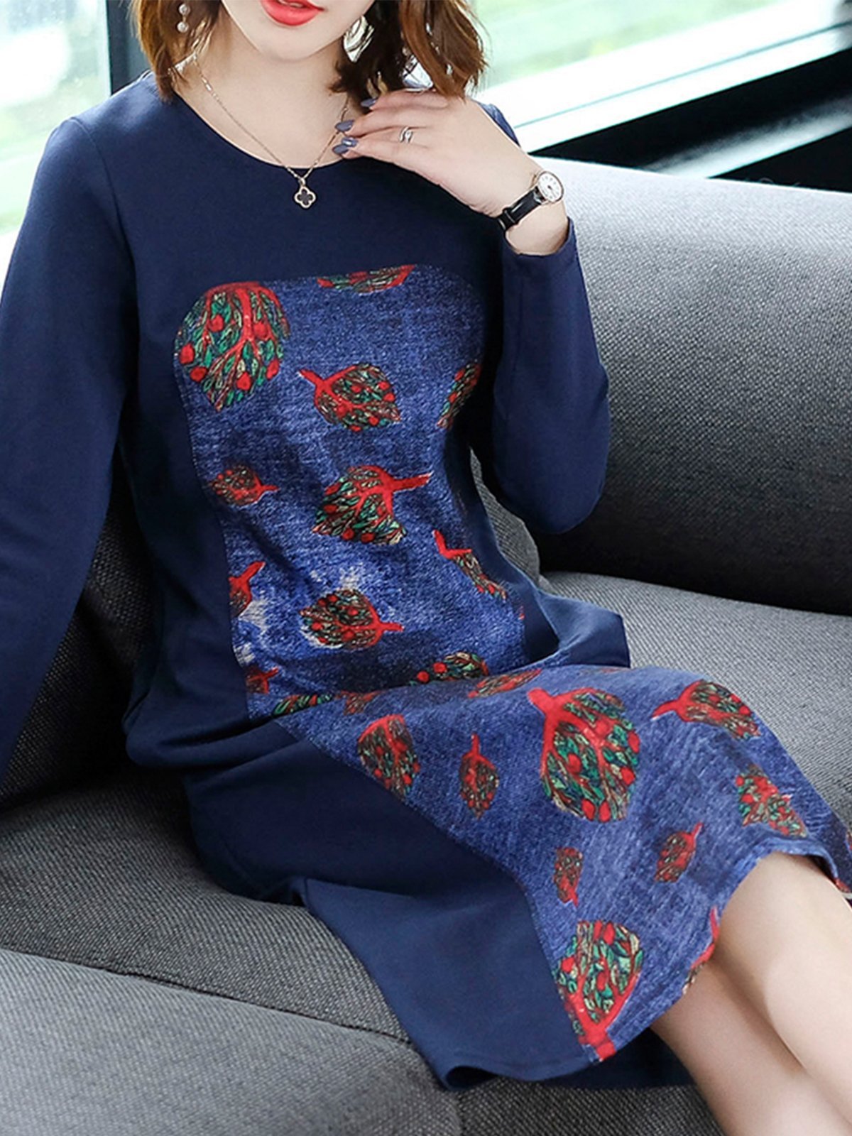 Blue Abstract Paneled Crew Neck Knitted Midi Dress