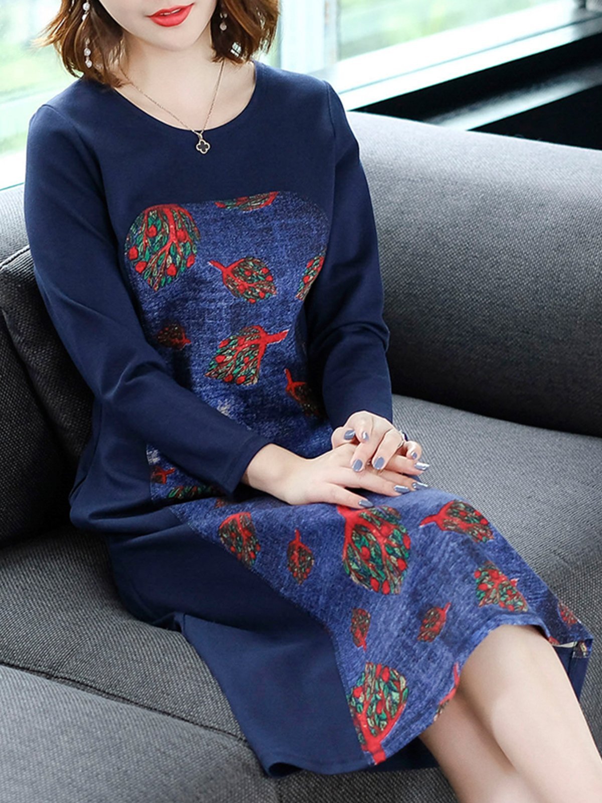 Blue Abstract Paneled Crew Neck Knitted Midi Dress