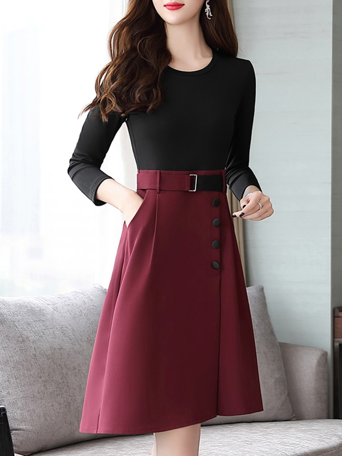 Asymmetric Buttoned Long Sleeve Two Pieces Dress