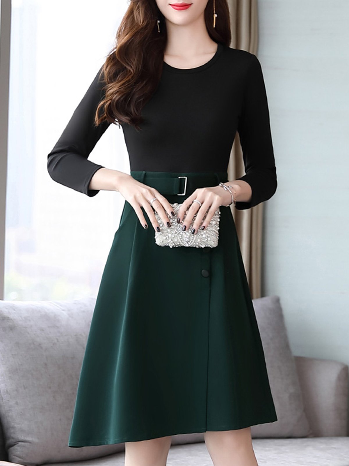 Asymmetric Buttoned Long Sleeve Two Pieces Dress