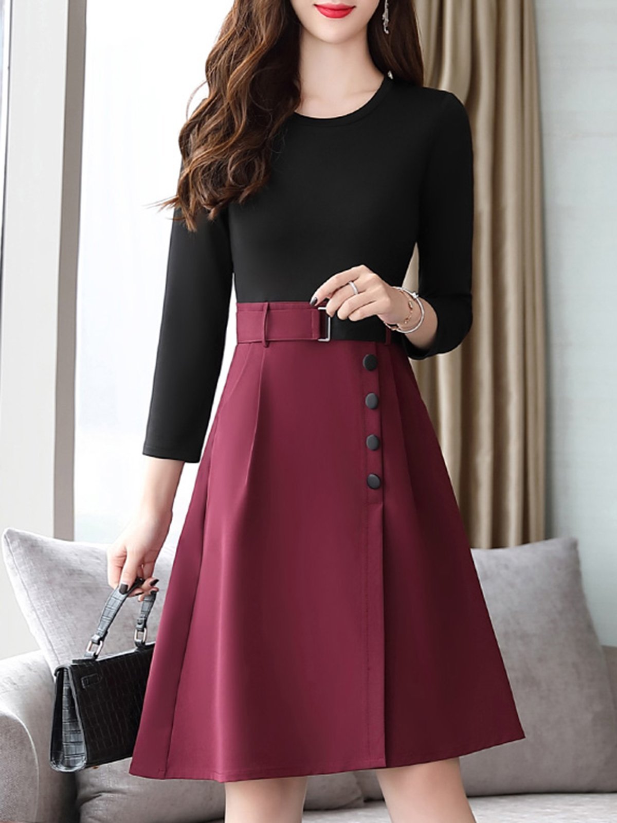 Asymmetric Buttoned Long Sleeve Two Pieces Dress