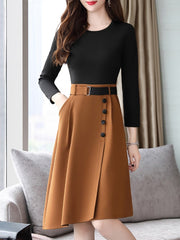 Asymmetric Buttoned Long Sleeve Two Pieces Dress