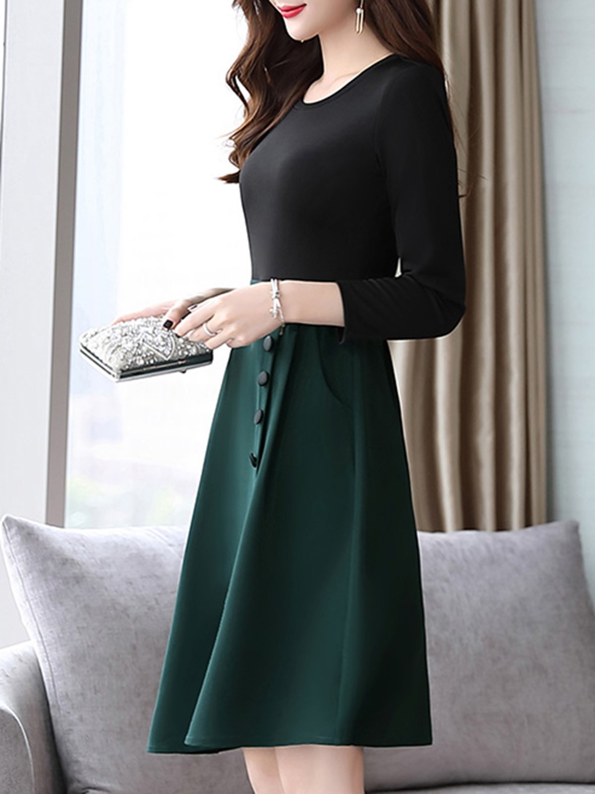 Asymmetric Buttoned Long Sleeve Two Pieces Dress