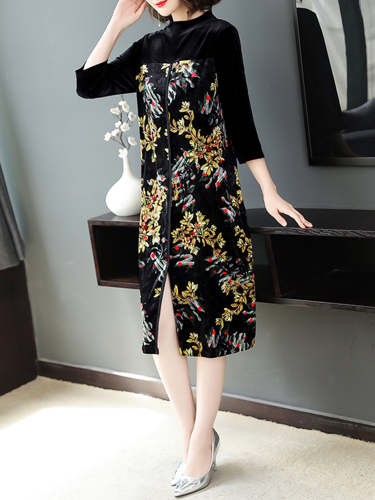 Elegant Floral Paneled Slit Midi Dress