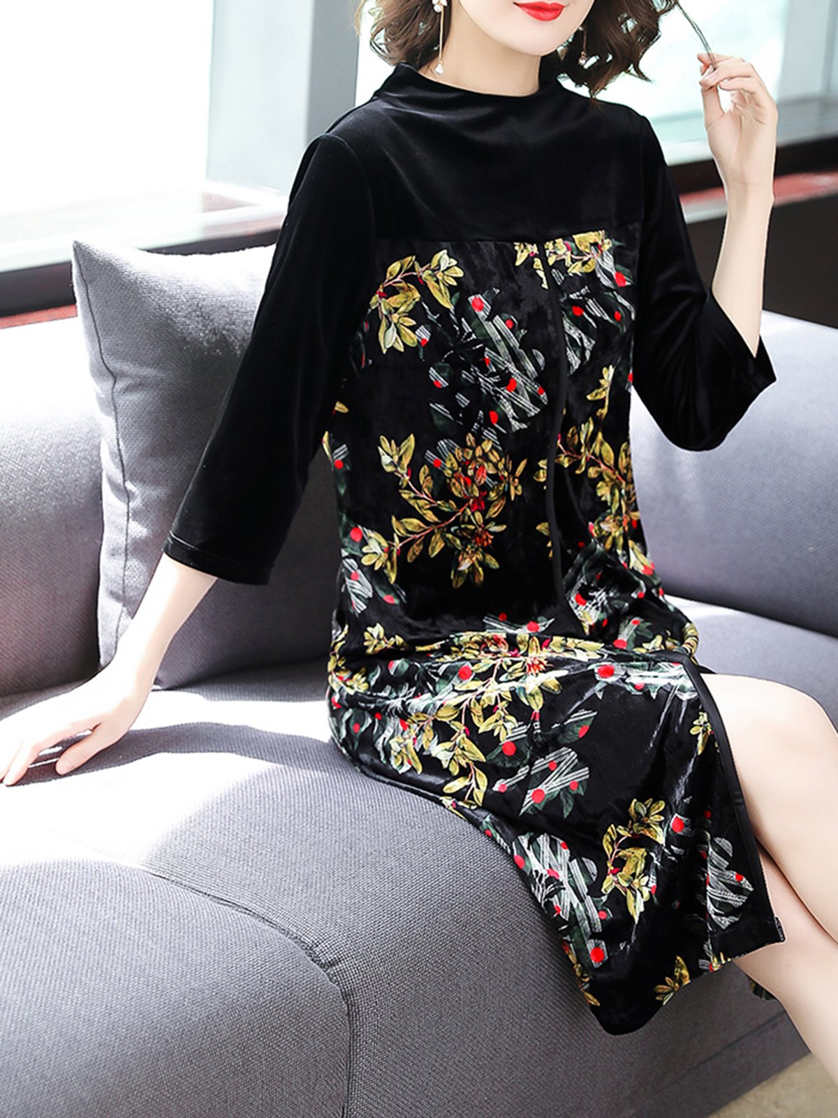 Elegant Floral Paneled Slit Midi Dress