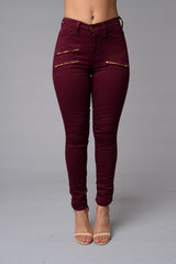 Zipper Pockets High Waisted Buttons Long Pants