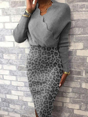 Fashion leopard printed patchwork long sleeve buttock high-waisted bodycon dress