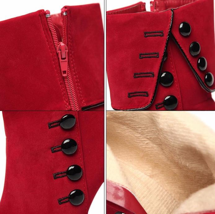 Red Platform Flock Buckle Winter High Heels Boots Ankle Boots