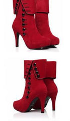 Red Platform Flock Buckle Winter High Heels Boots Ankle Boots