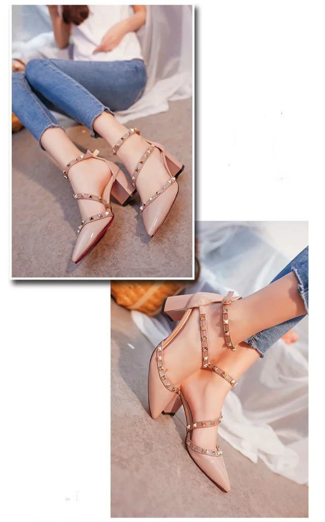 Rivets Square Heels  Fashion Pump