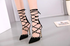 Bootie Hollow Cross Lace Up Rivets Stiletto High Heels Shoes