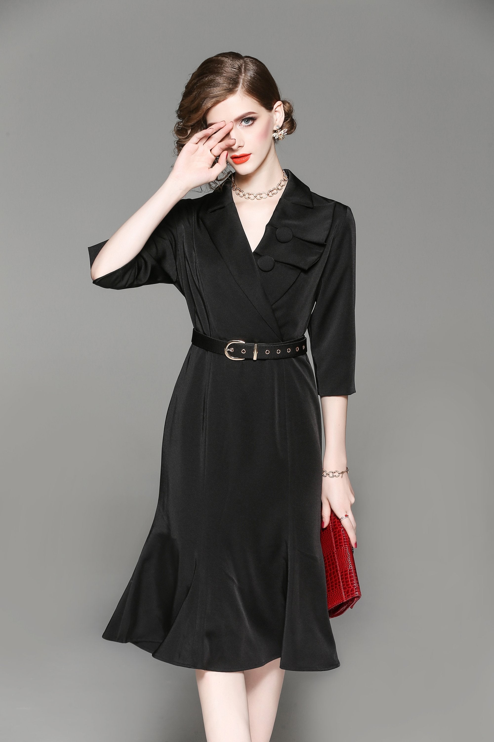 Autumn New Fashion Lapel Belt Skater Dresses