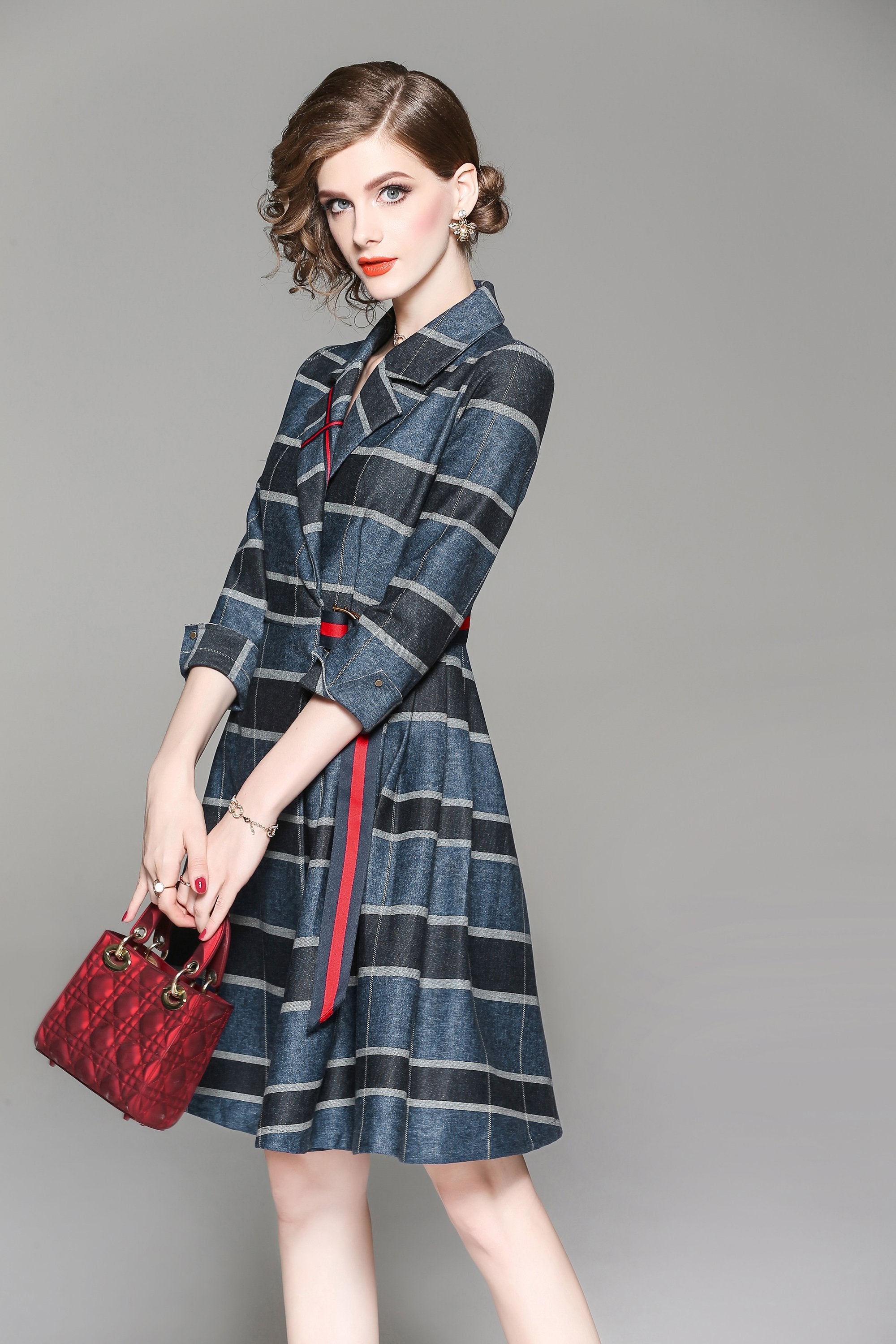 Autumn Fashion Stripe Lapel Three quarter sleeve Skater Dresses