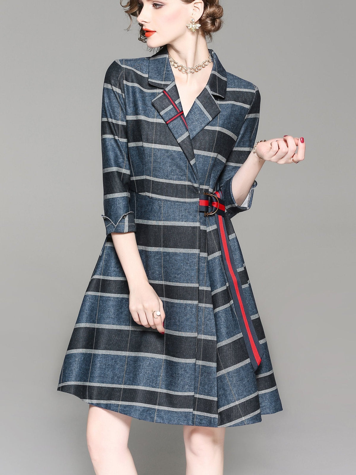 Autumn Fashion Stripe Lapel Three quarter sleeve Skater Dresses