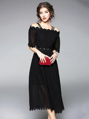 Black Hollow Slim Fit Midi Dress