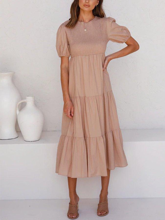 Camel Crew Neck Swing Solid Short Sleeve One-Pieces