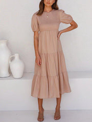 Camel Crew Neck Swing Solid Short Sleeve One-Pieces