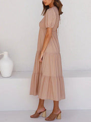 Camel Crew Neck Swing Solid Short Sleeve One-Pieces