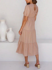 Camel Crew Neck Swing Solid Short Sleeve One-Pieces