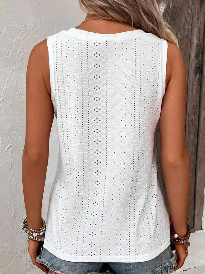 Loose V Neck Casual Buttoned Eyelet Embroidery Front Tank Top Vests