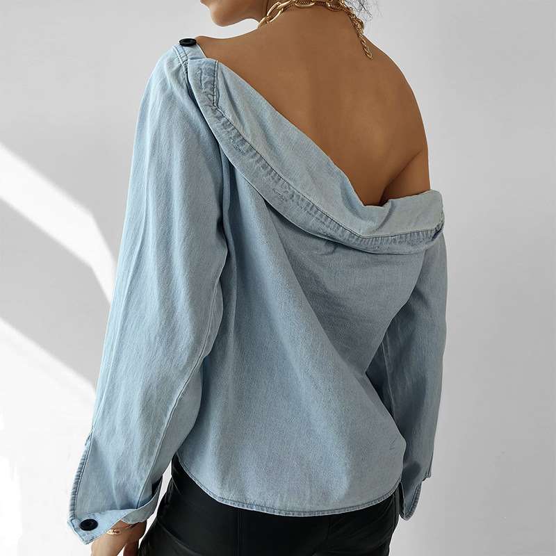 Casual Pure Fastener One shoulder Long sleeve Jean Blouses