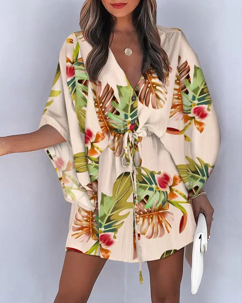 Fashion New Printed Shirt Dress Deep v neck Half Neck Vacation Dresses