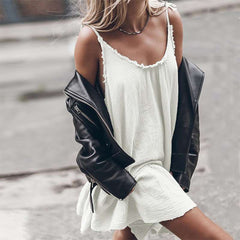 Casual Loose Pure Round neck Vest Sleeveless Falbala Shift Dresses