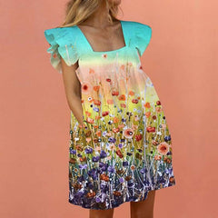 Casual Loose Floral print Square collar Falbala Shift Dresses