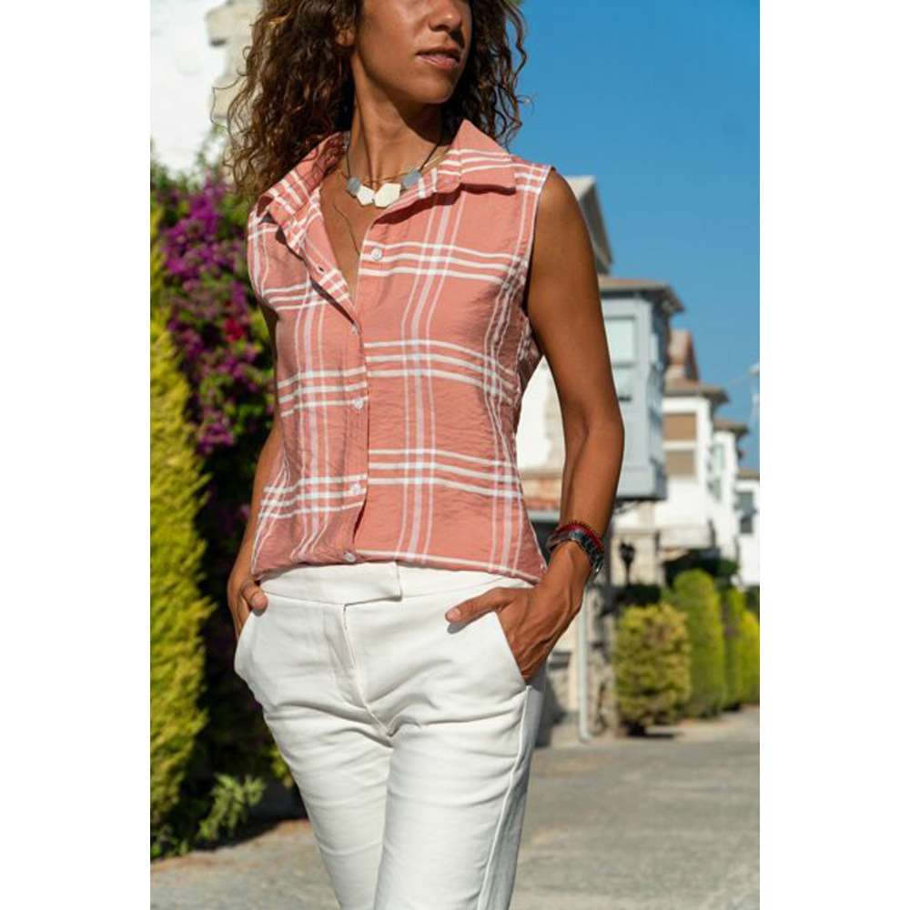 Fashion Plaid Lapel Sleeveless Blouses