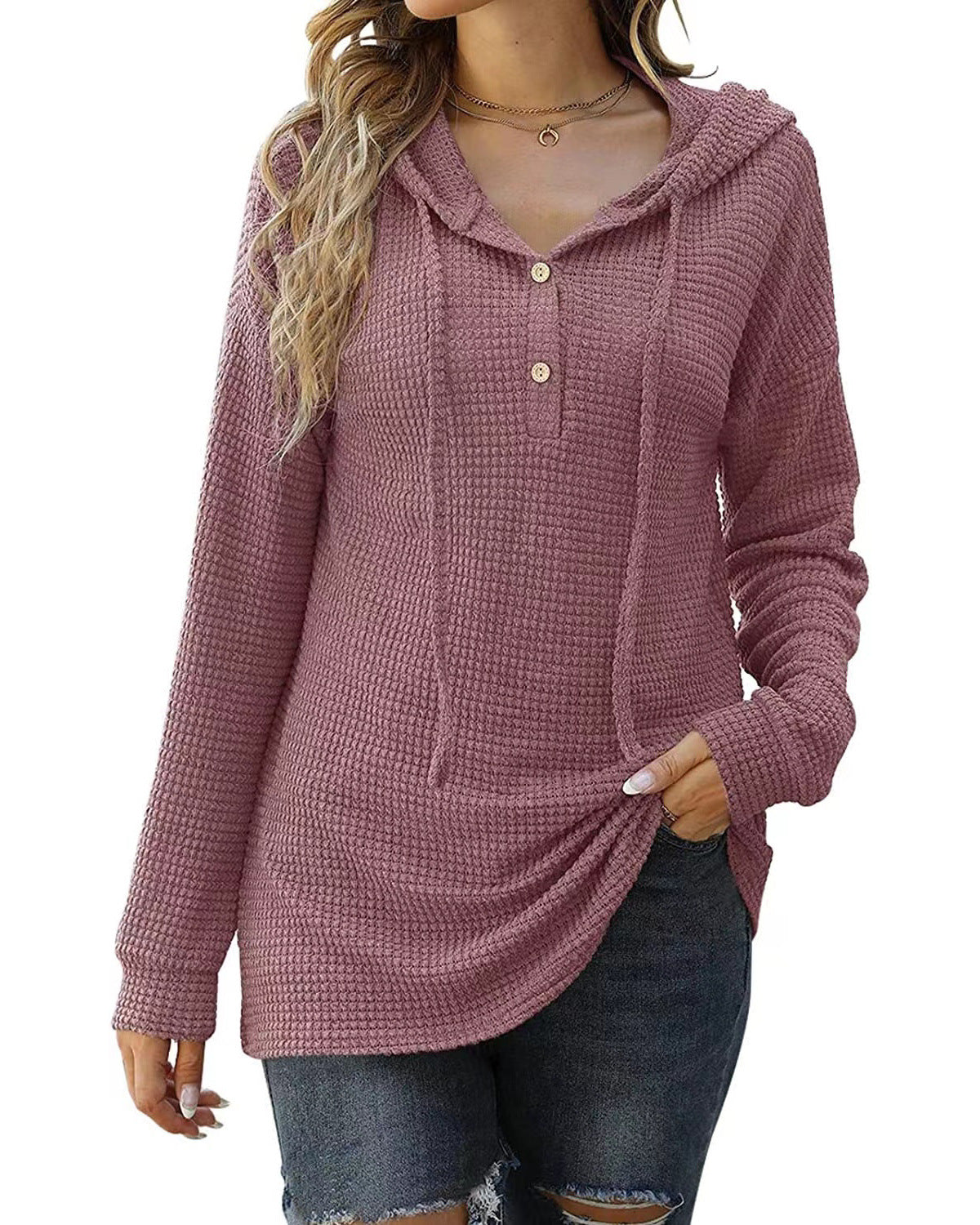 Loose Sports Knit Long Sleeve Button Hooded Sweatshirts
