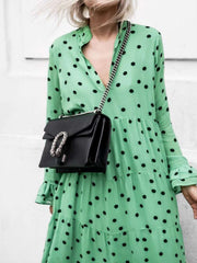 Casual Loose Point print V neck Long sleeve Big hem Maxi Dresses