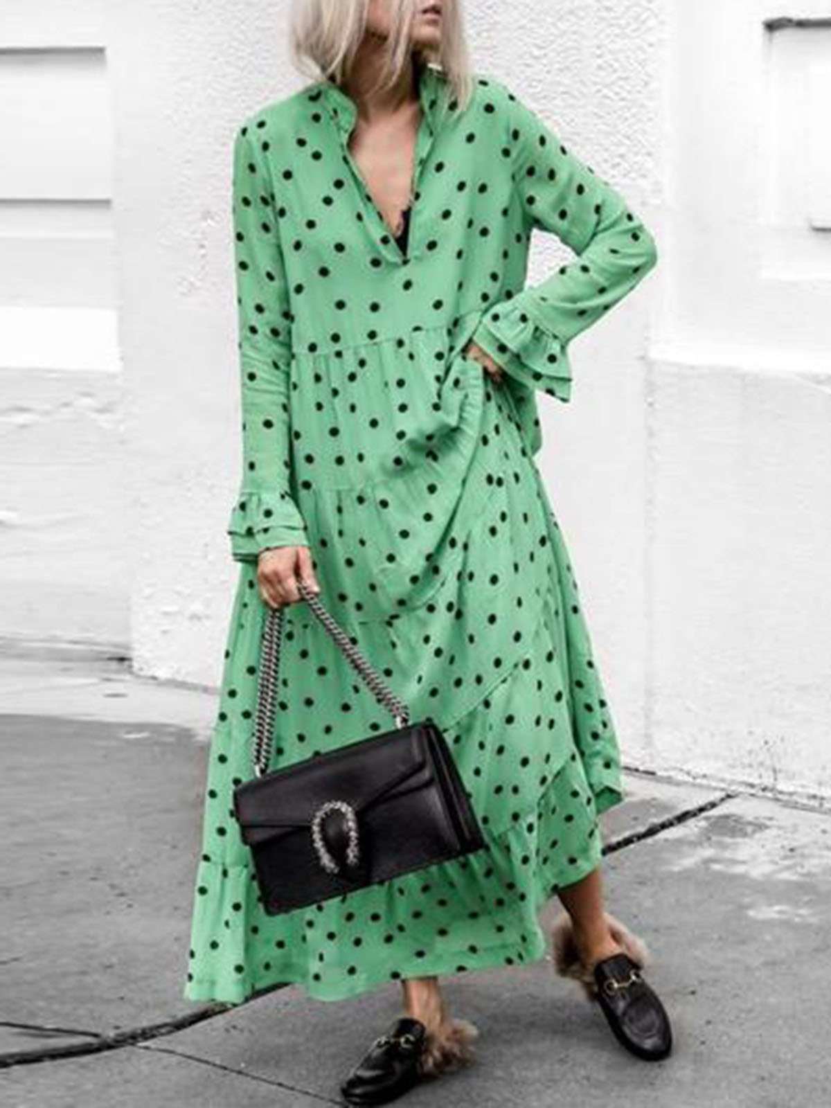 Casual Loose Point print V neck Long sleeve Big hem Maxi Dresses