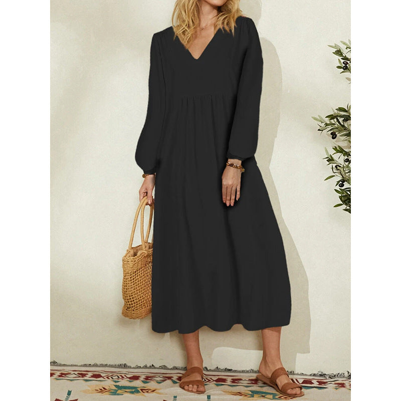 V neck women plain loose long sleeve plain maxi dresses