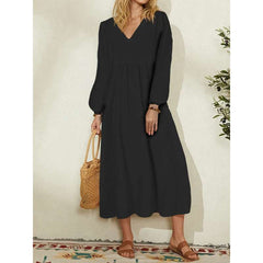 Casual Loose Pure V neck Long sleeve Gored Maxi Dresses