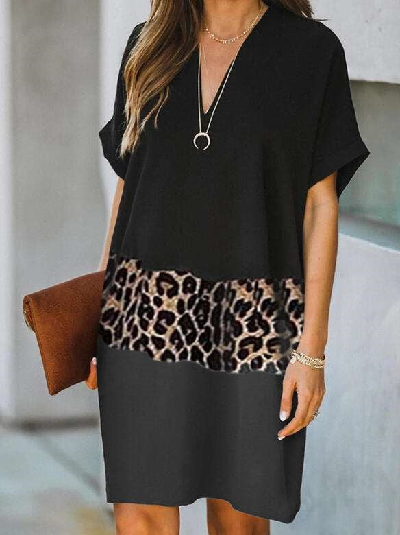 Casual Loose Leopard print Gored V neck Short sleeve Shift Dresses