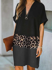Casual Loose Leopard print Gored V neck Short sleeve Shift Dresses