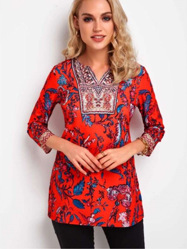 Casual Floral print V neck Three quarter sleeve T-Shirts