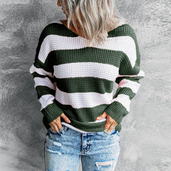 Autumn and winter V-neck knitted top stripe long sleeve sweaters