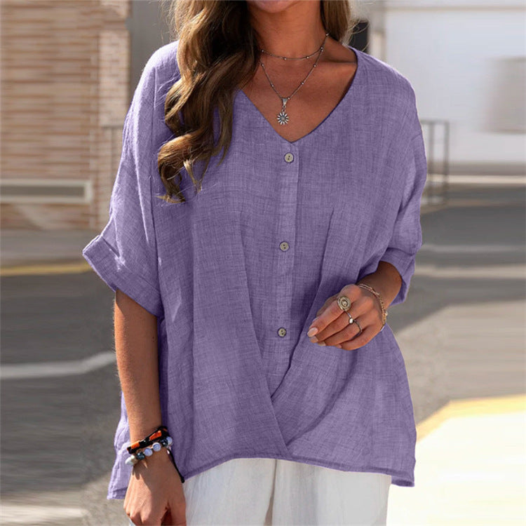 V Neck Pullover Short Sleeve Loose Fit Women's Irregular Casual Shirt