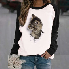 Casual Cat print Round neck Long sleeve Gored T-Shirts