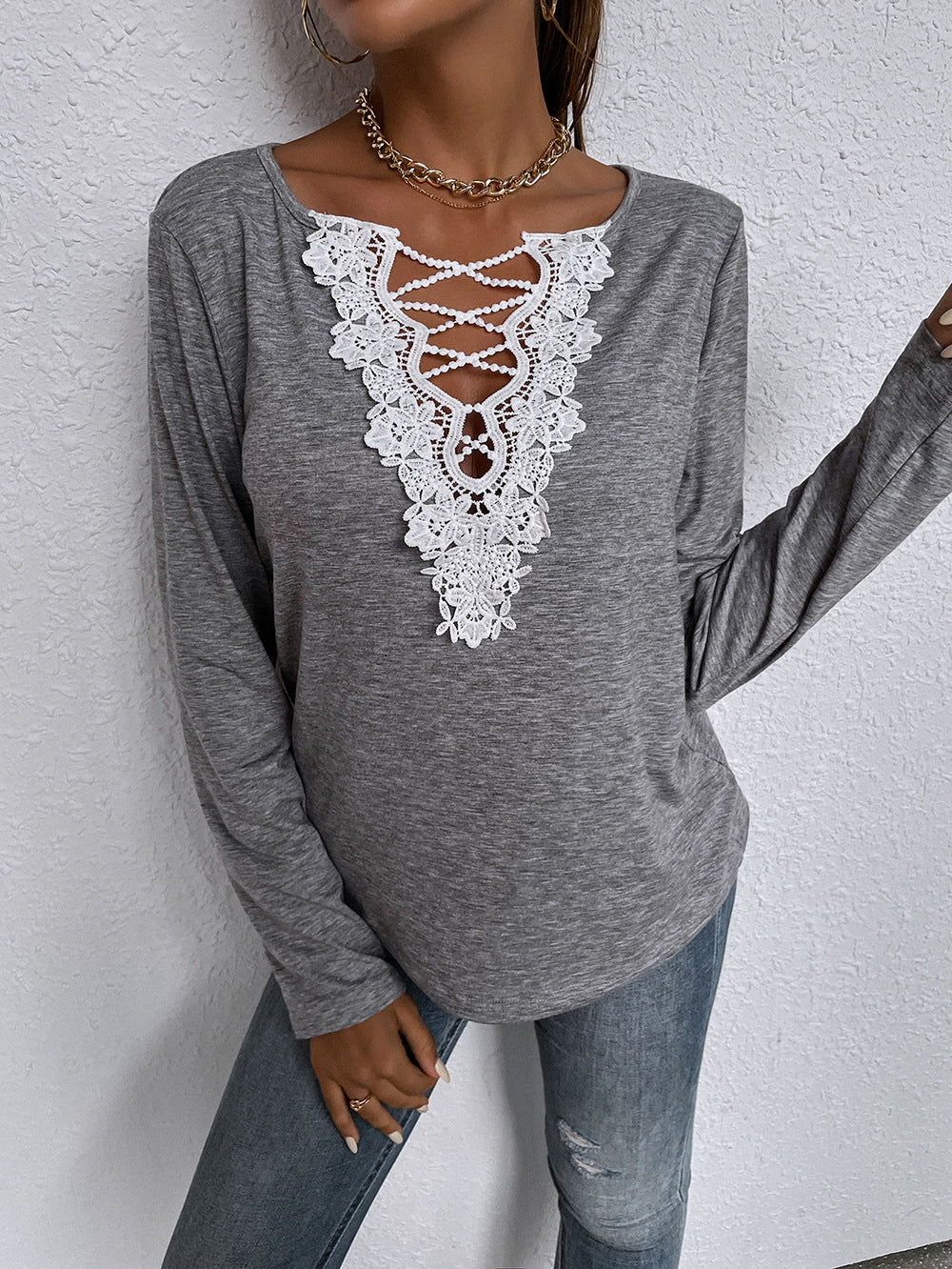 Loose long-sleeved top v-neck pullover solid color casual t-shirts