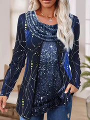 Sequin Stitching Flower Drop Collar Long Sleeve Fake Two-Piece Ladies Top T-Shirts