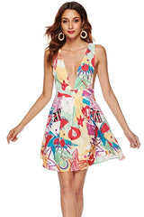 Print V neck Sleeveless Backless  Skater Dresses
