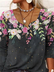 Button style printed fashion long sleeve spring t-shirts
